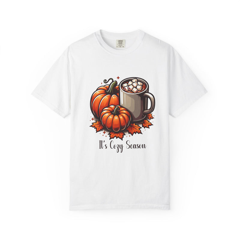 Cozy Fall Vibes T-Shirt | Pumpkin, Hot Chocolate & Autumn Leaves Tee | Cute Seasonal Graphic Shirt
